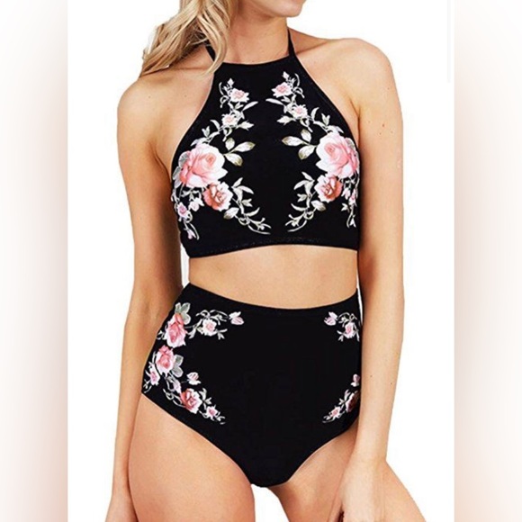 NWT Cupshe Black Floral High Waisted Bikini Size Small. - Picture 3 of 13